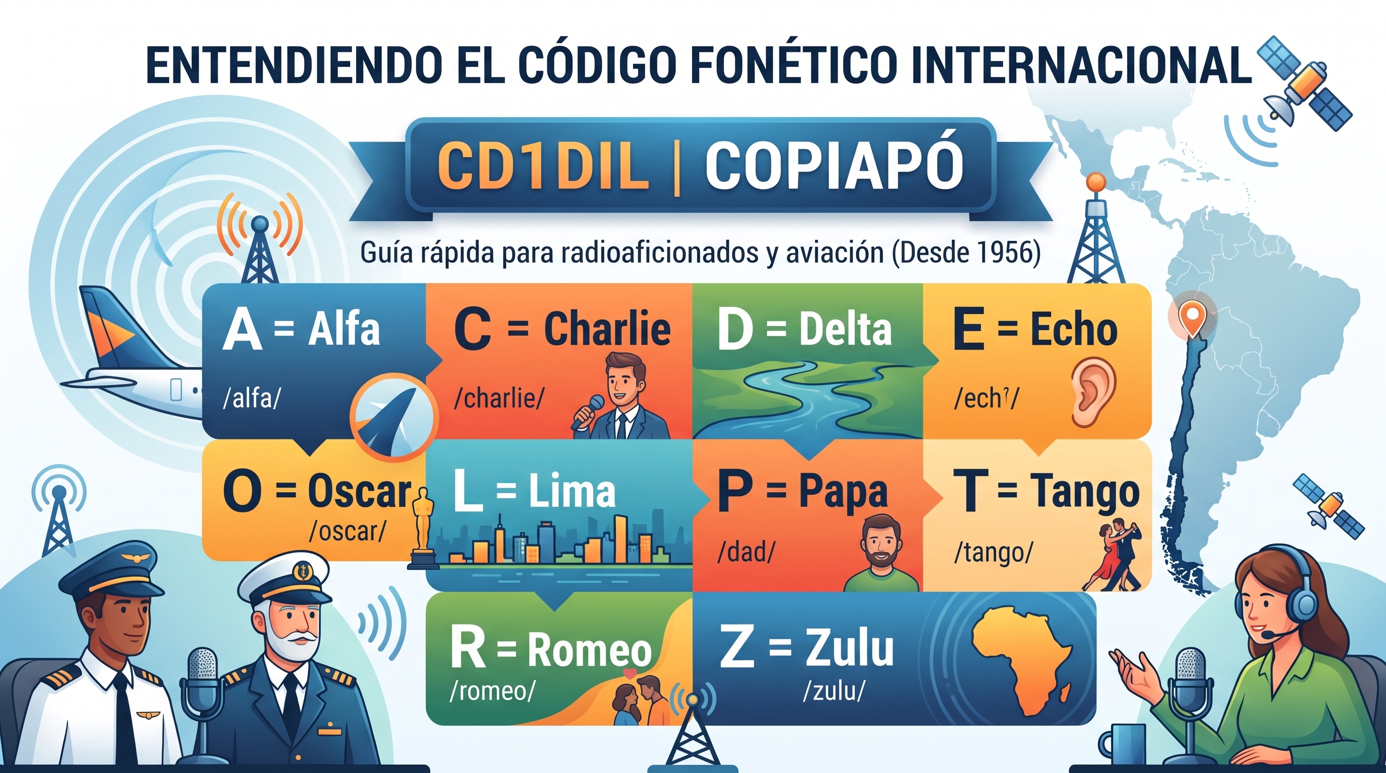 Operador de radio comunicándose usando el código fonético
